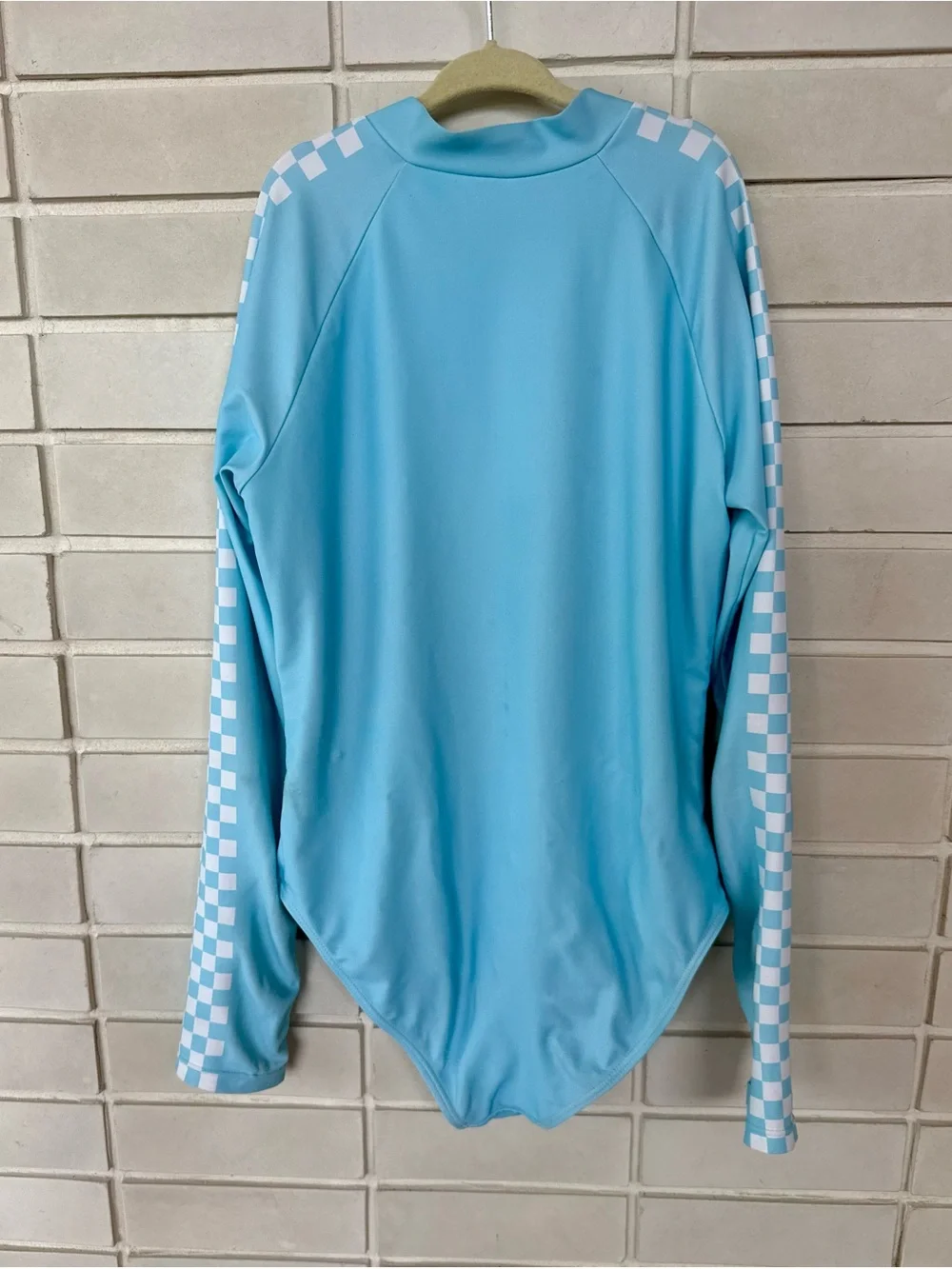 Long Sleeve Zip Front One Piece Swimsuit * Sky Blue Checker * Girls